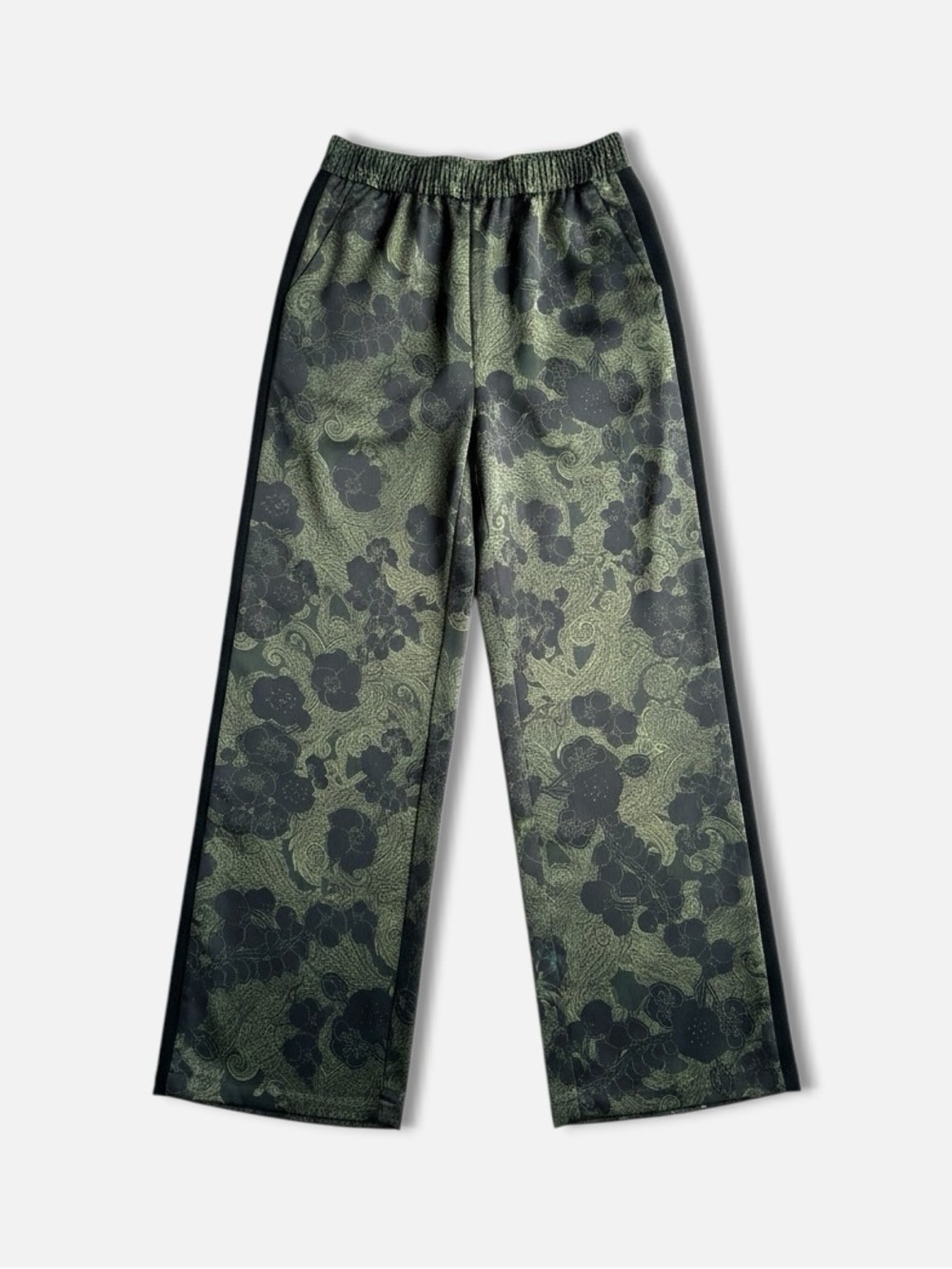 CHELSEA28 Floral Satin Wide‎ Leg Pant 0 Olive Black Paisley Pull On Pockets